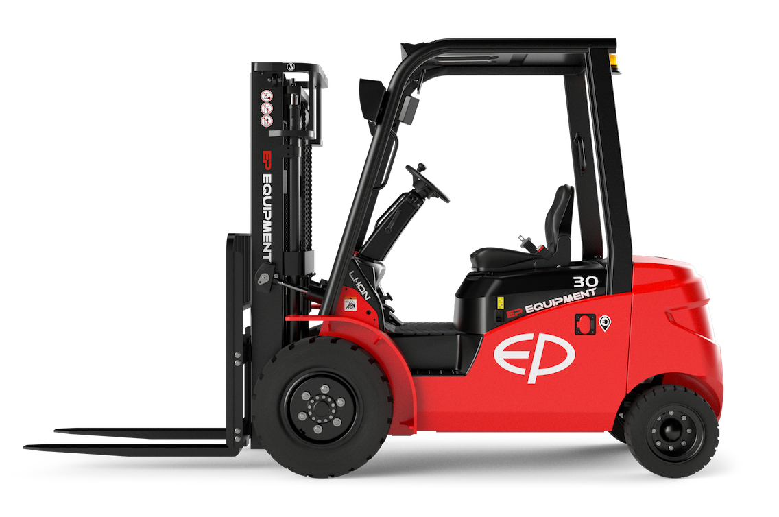Side view of EFL253 four-wheel lithium-ion electric forklift by EP Equipment
